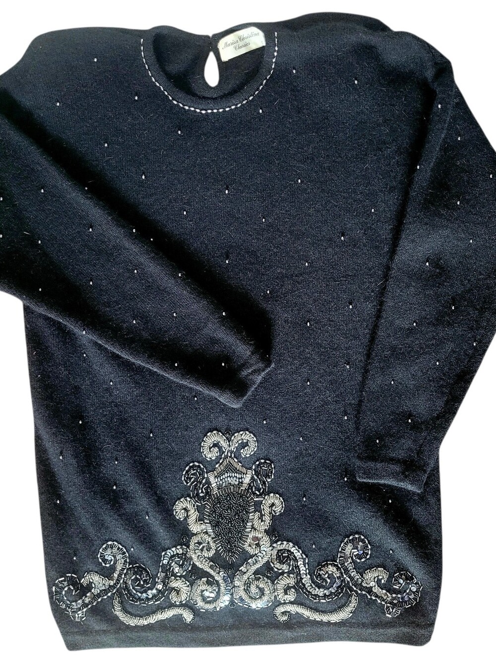Vintage Marisa Christina Black Lambswool Angora Sequins Beaded Tunic Sweater XL